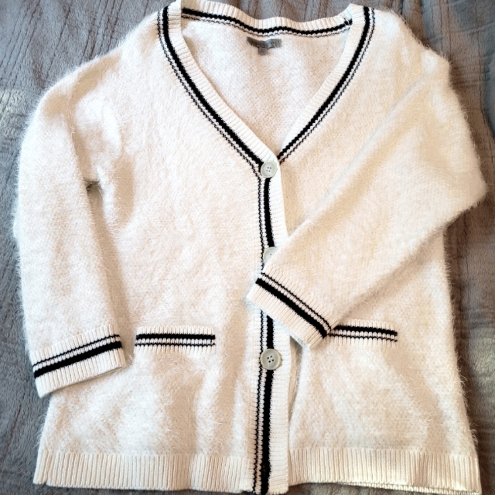 Fuzzy collegiate cardigan